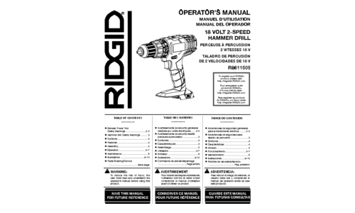 Ridgid R8611505 18v Hammer Drill User Manual